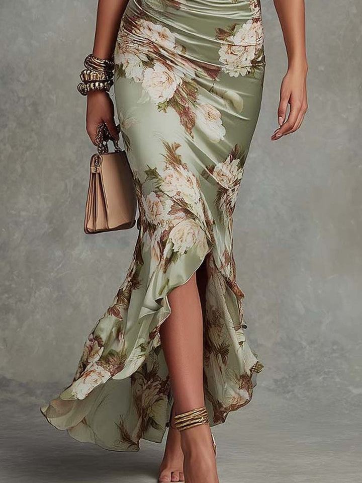 Green Floral Maxi Dress with Bell Sleeves and Asymmetric V-Neck in Satin