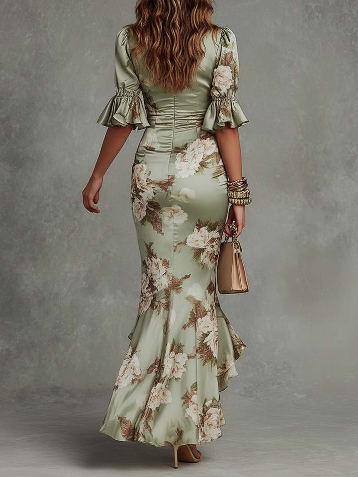 Green Floral Maxi Dress with Bell Sleeves and Asymmetric V-Neck in Satin