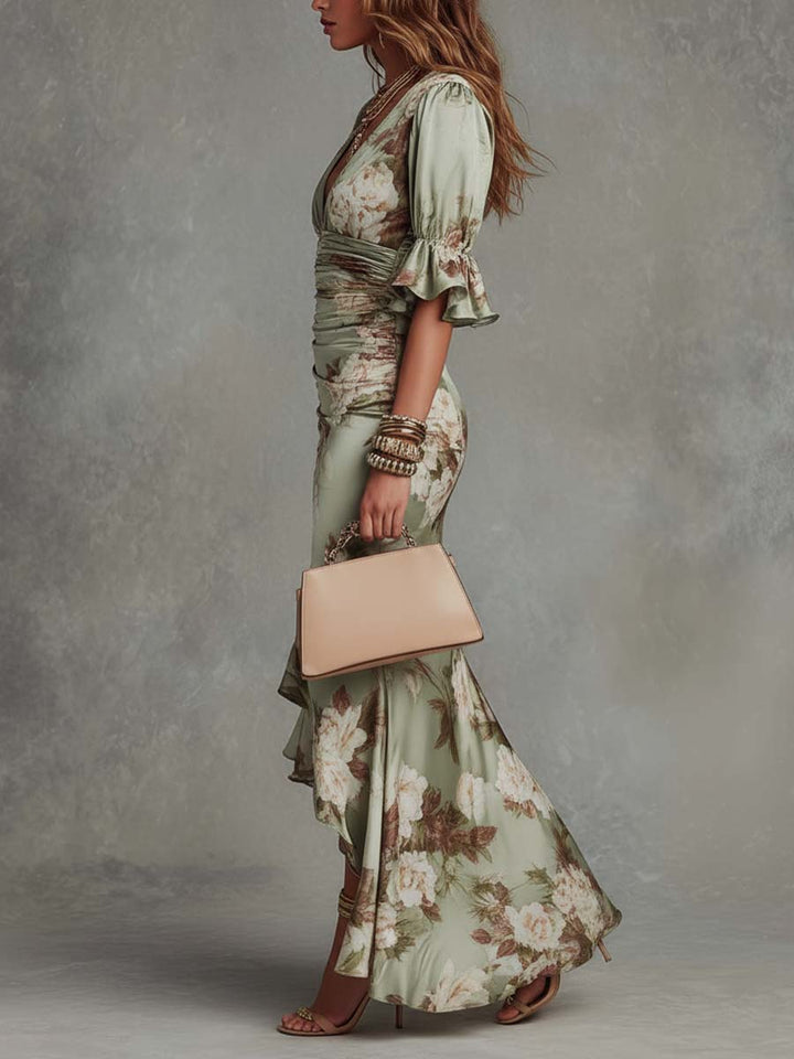 Green Floral Maxi Dress with Bell Sleeves and Asymmetric V-Neck in Satin