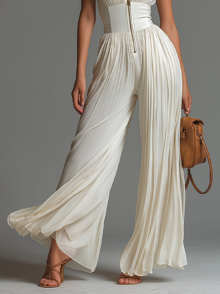 White Muslin Jumpsuit with V-Neck, Sleeveless, Wide Legs, Pleated