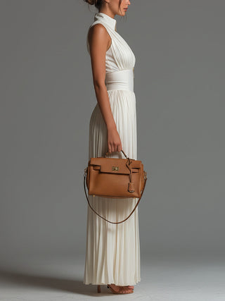 White V-neck Sleeveless Zip-up Pleated Wide-leg Chiffon Jumpsuit