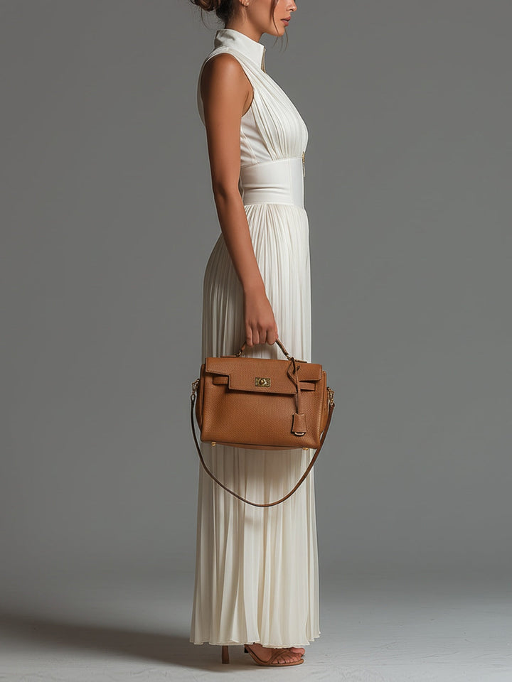White Muslin Jumpsuit with V-Neck, Sleeveless, Wide Legs, Pleated