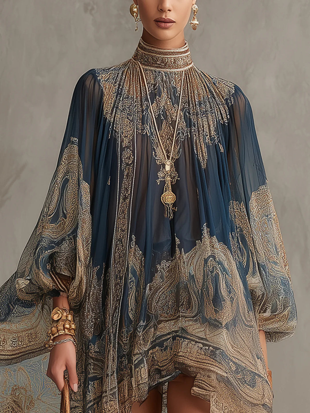 Navy Blue Mini Dress in Printed Baroque Chiffon with High Neck Irregular Hem