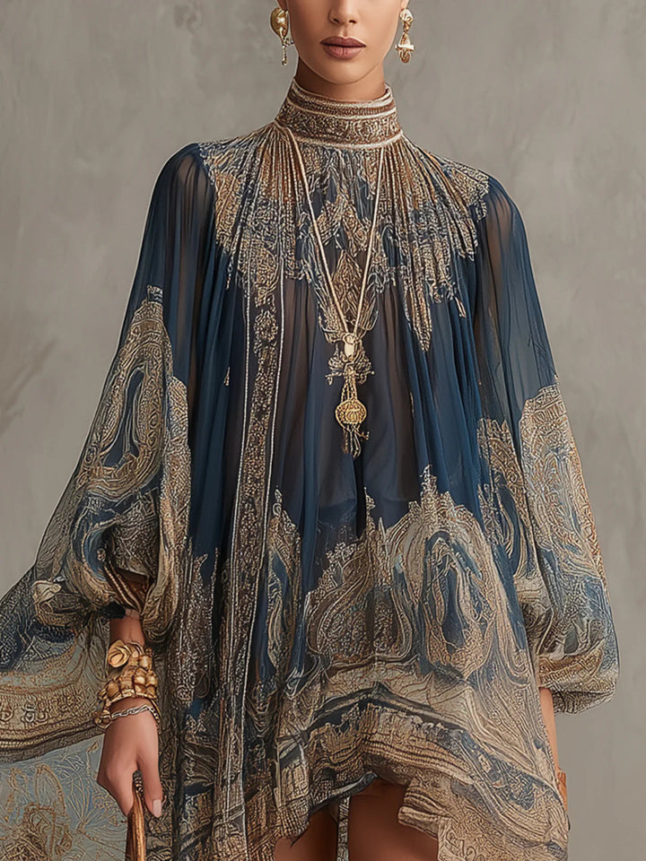 Navy Blue Mini Dress in Printed Baroque Chiffon with High Neck Irregular Hem