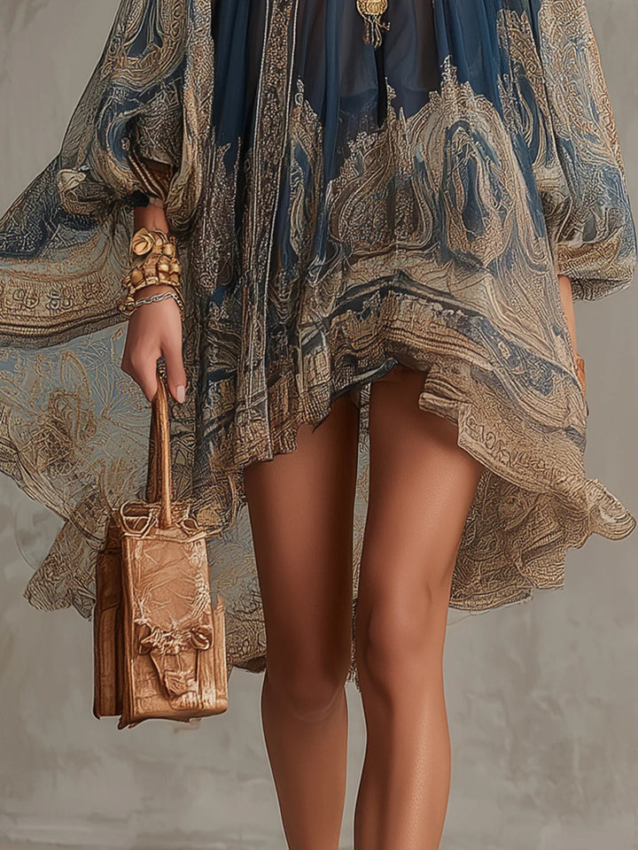 Navy Blue Mini Dress in Printed Baroque Chiffon with High Neck Irregular Hem