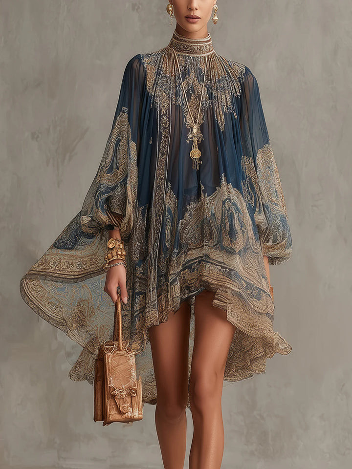 Navy Blue Mini Dress in Printed Baroque Chiffon with High Neck Irregular Hem