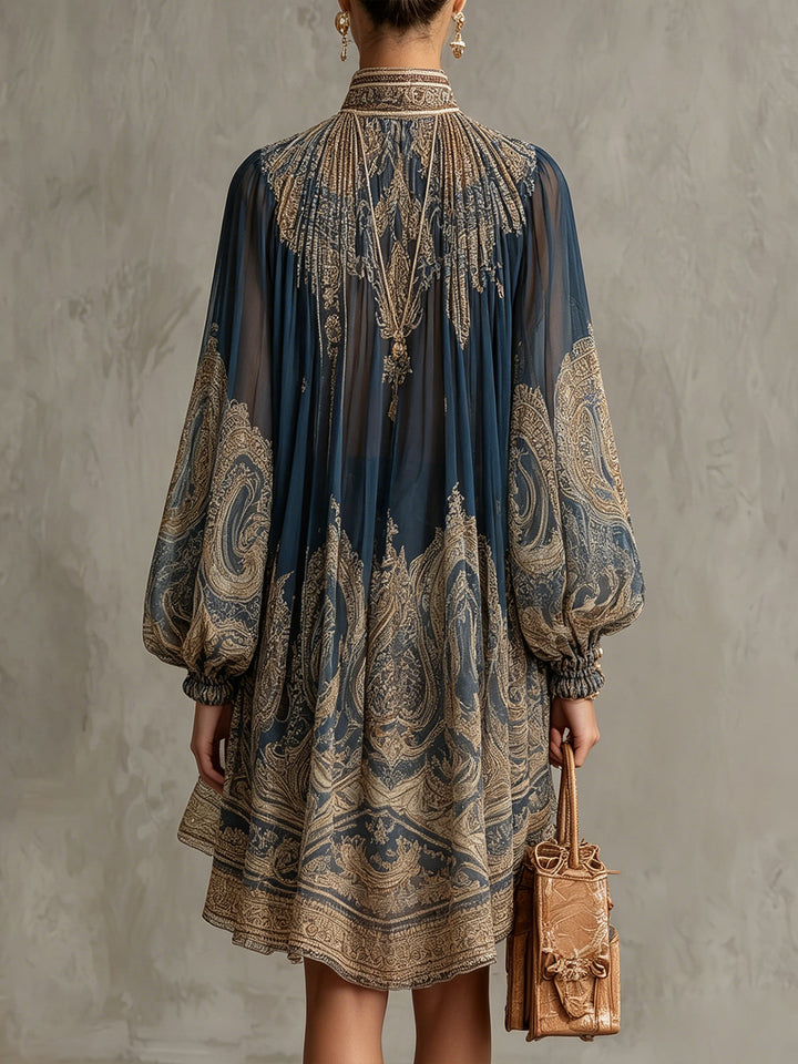 Navy Blue Mini Dress in Printed Baroque Chiffon with High Neck Irregular Hem