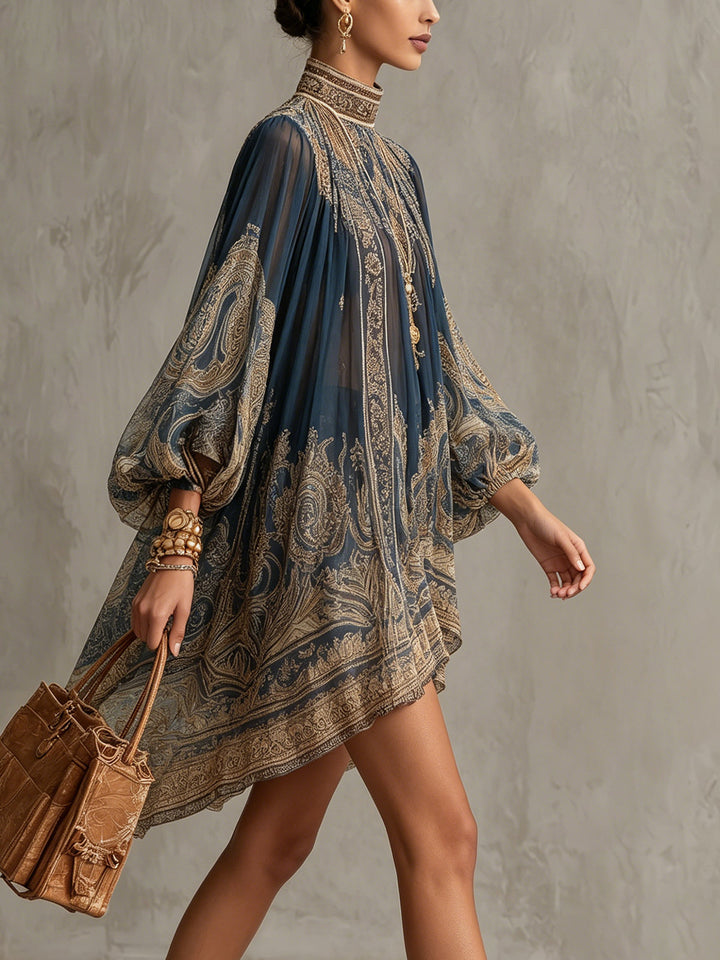 Navy Blue Mini Dress in Printed Baroque Chiffon with High Neck Irregular Hem