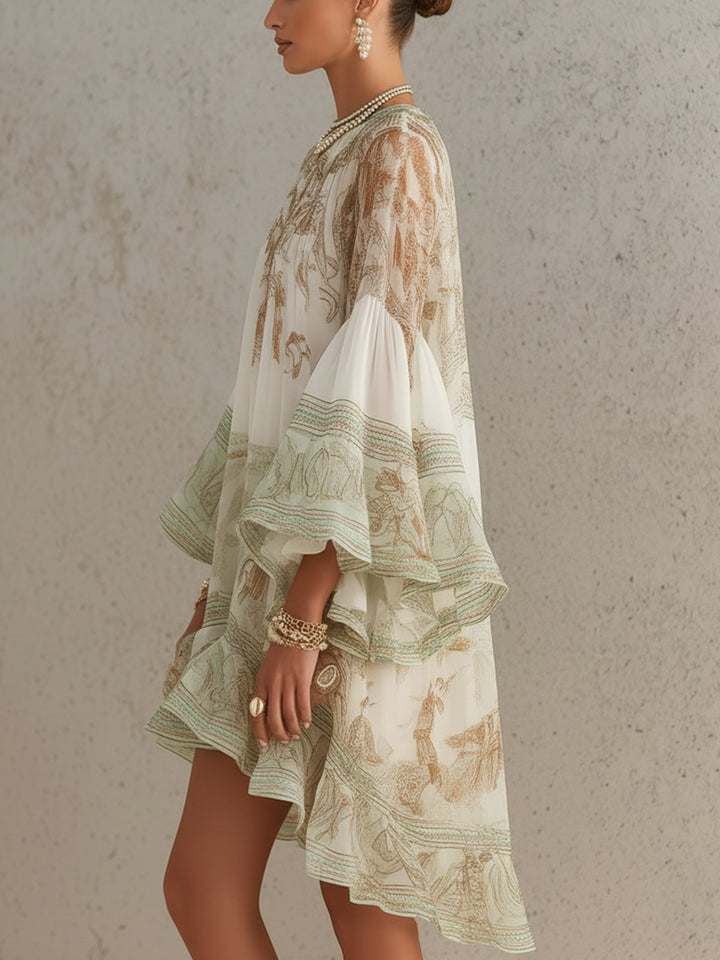 Mini Green Printed Chiffon Dress with Ruffled Sleeves and Ruffled Hem