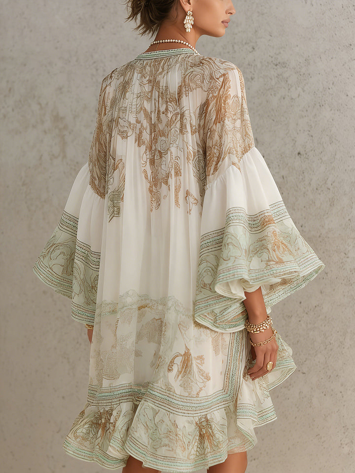 Mini Green Printed Chiffon Dress with Ruffled Sleeves and Ruffled Hem