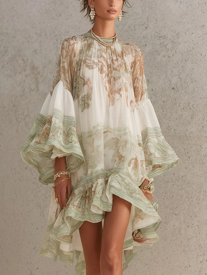 Mini Green Printed Chiffon Dress with Ruffled Sleeves and Ruffled Hem