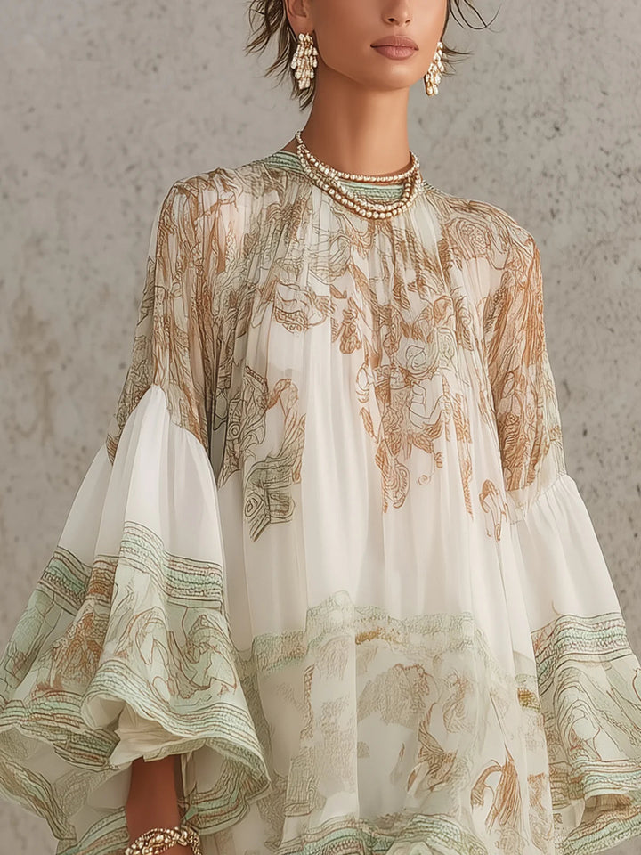 Mini Green Printed Chiffon Dress with Ruffled Sleeves and Ruffled Hem