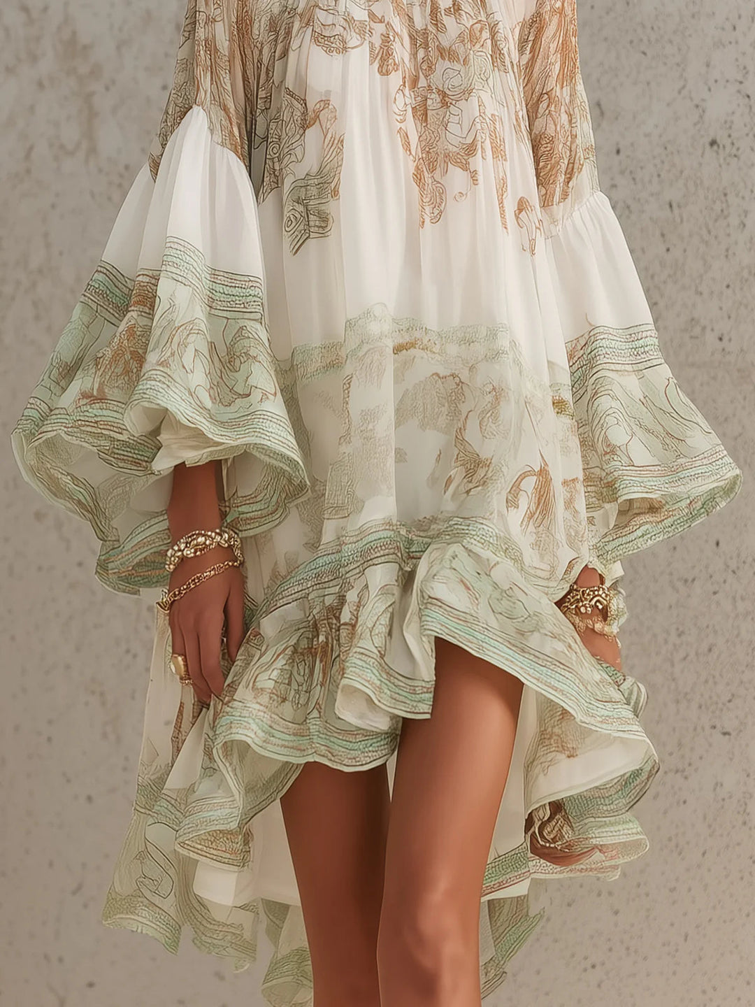 Mini Green Printed Chiffon Dress with Ruffled Sleeves and Ruffled Hem