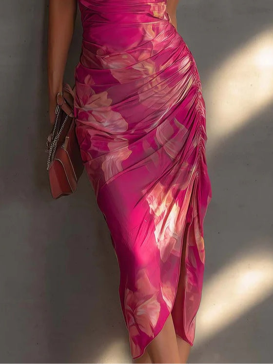 Fuchsia Floral Print Sleeveless Bodycon Dress with Side Ruching and Slit