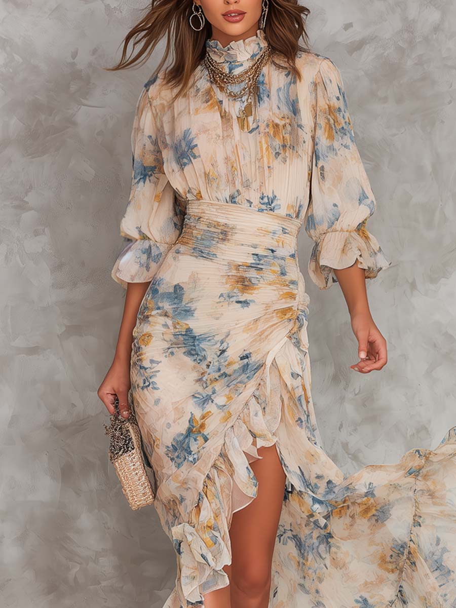 Beige Maxi Dress with Roll Neck and Irregular Floral Oil Painting Print