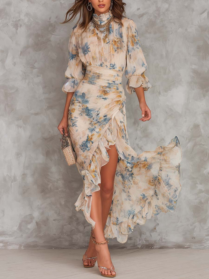 Beige Maxi Dress with Roll Neck and Irregular Floral Oil Painting Print