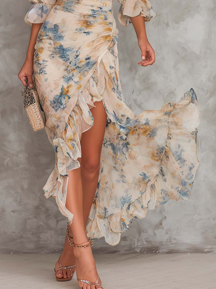 Beige Maxi Dress with Roll Neck and Irregular Floral Oil Painting Print