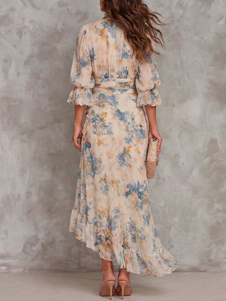 Beige Maxi Dress with Roll Neck and Irregular Floral Oil Painting Print