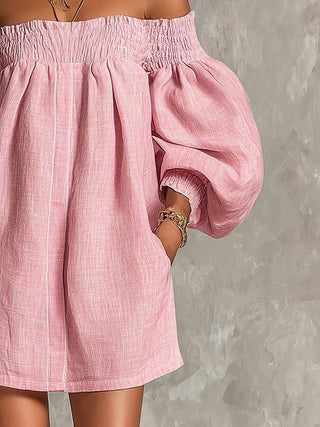 Gisela Mini Dress Pink A-Line with Puff Sleeves and Off-Shoulder Design