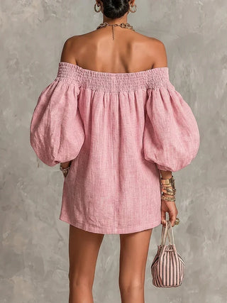 Gisela Mini Dress Pink A-Line with Puff Sleeves and Off-Shoulder Design