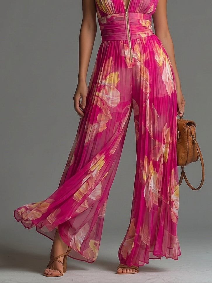 Fuchsia Floral Chiffon Jumpsuit with Wide Legs and Pleats
