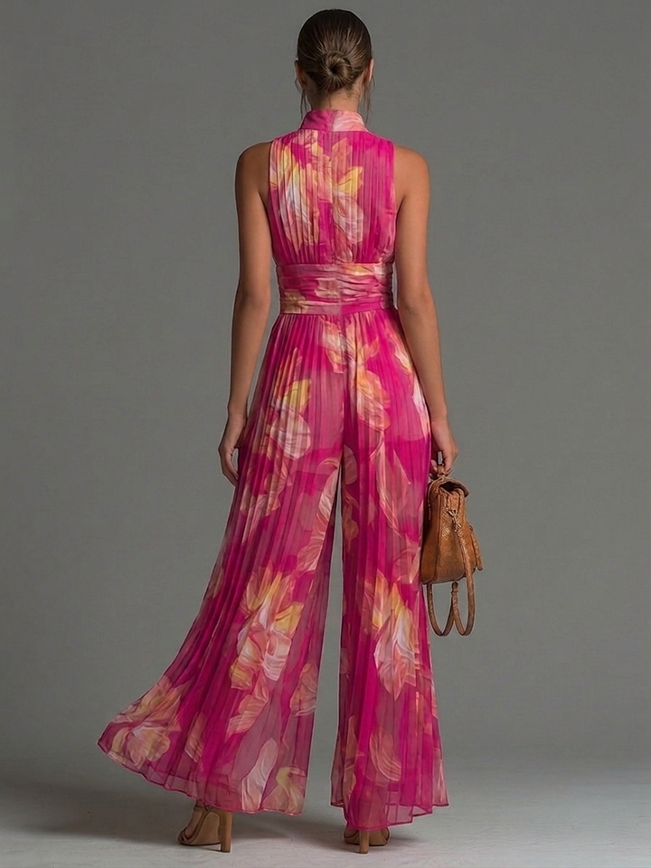Fuchsia Floral Chiffon Jumpsuit with Wide Legs and Pleats