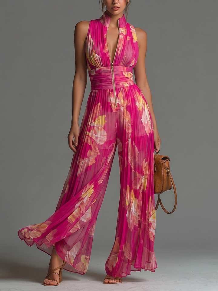 Fuchsia Floral Chiffon Jumpsuit with Wide Legs and Pleats