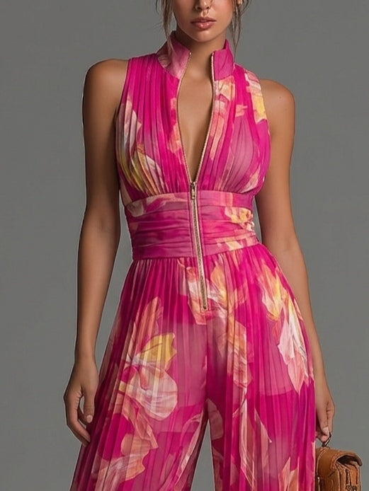 Fuchsia Floral Chiffon Jumpsuit with Wide Legs and Pleats