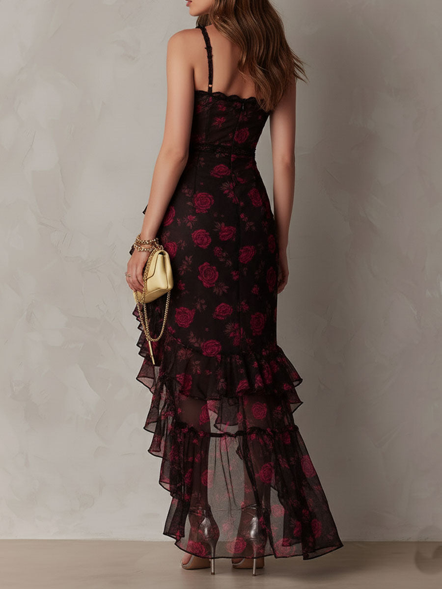 Chic Black and Red Floral Dress with Ruffles and Tiered Hem