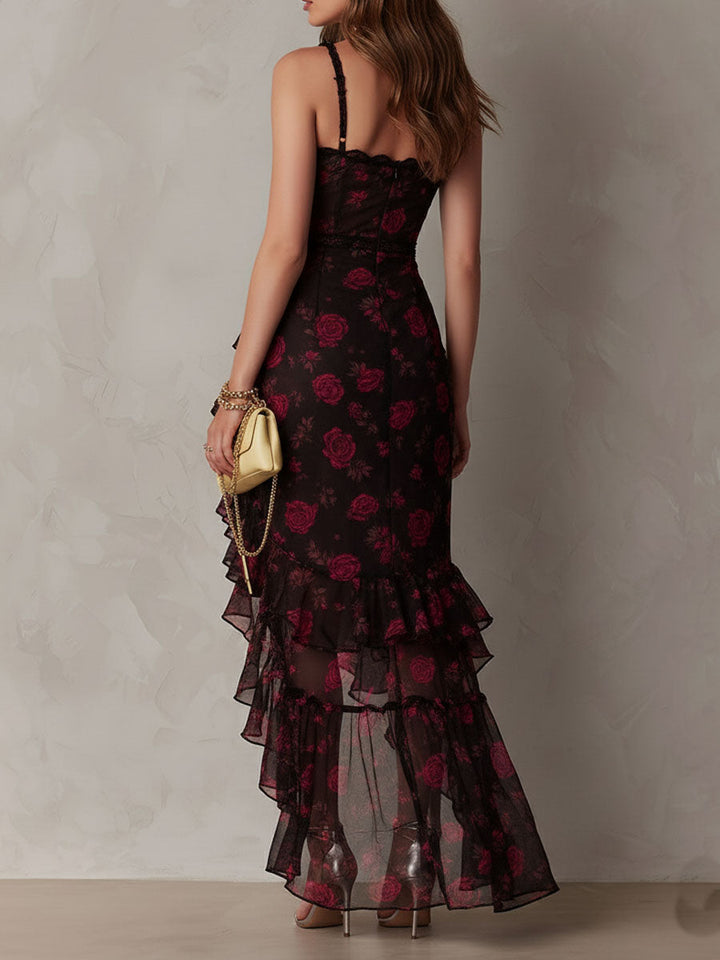 Chic Black and Red Floral Dress with Ruffles and Tiered Hem