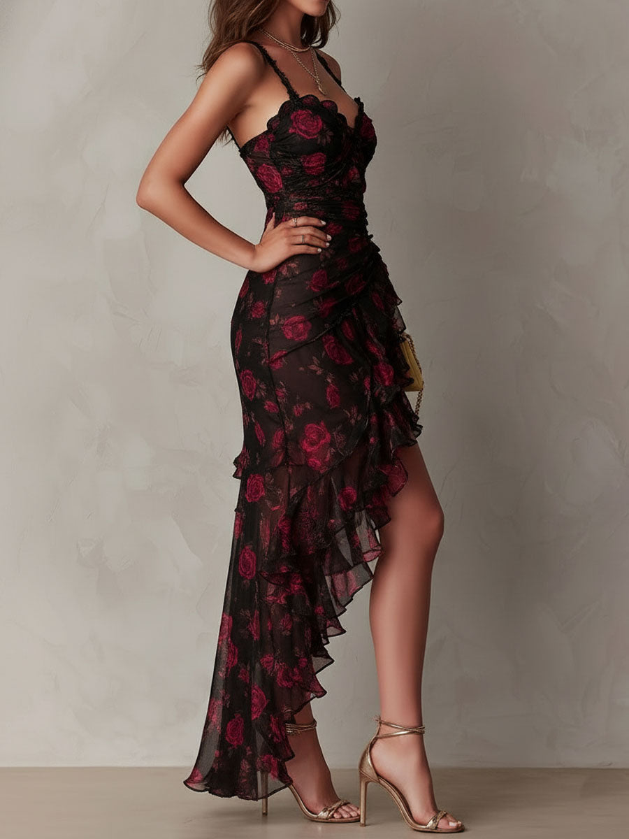 Chic Black and Red Floral Dress with Ruffles and Tiered Hem