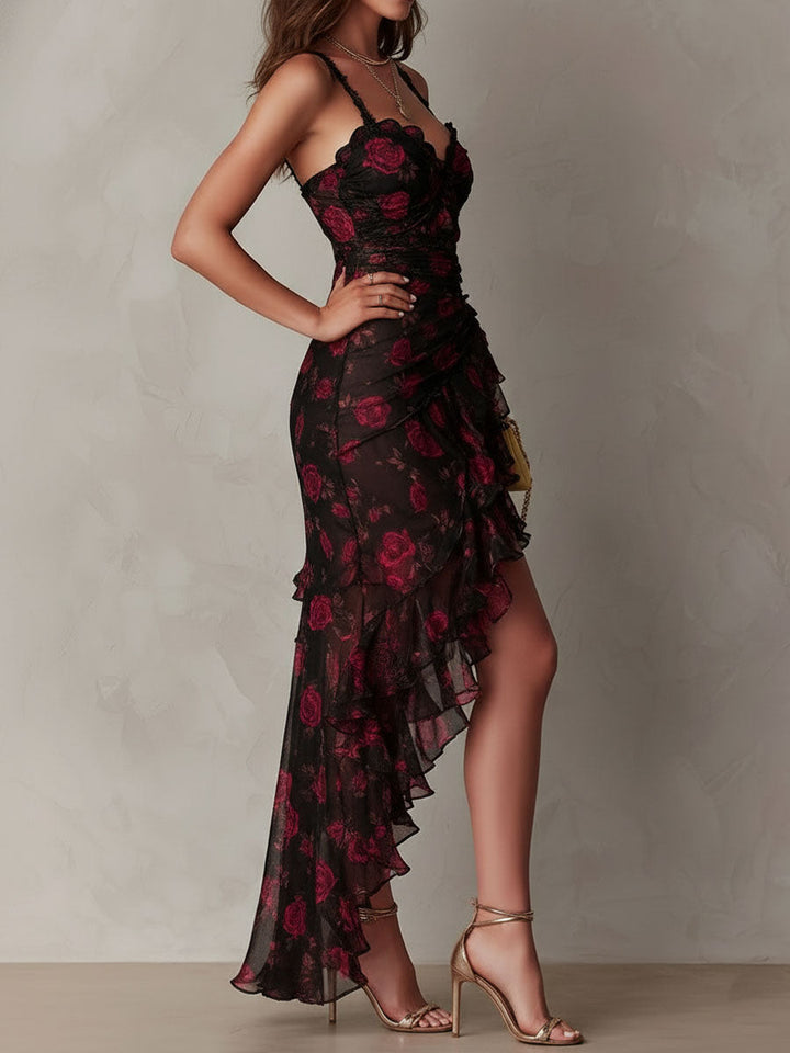 Chic Black and Red Floral Dress with Ruffles and Tiered Hem