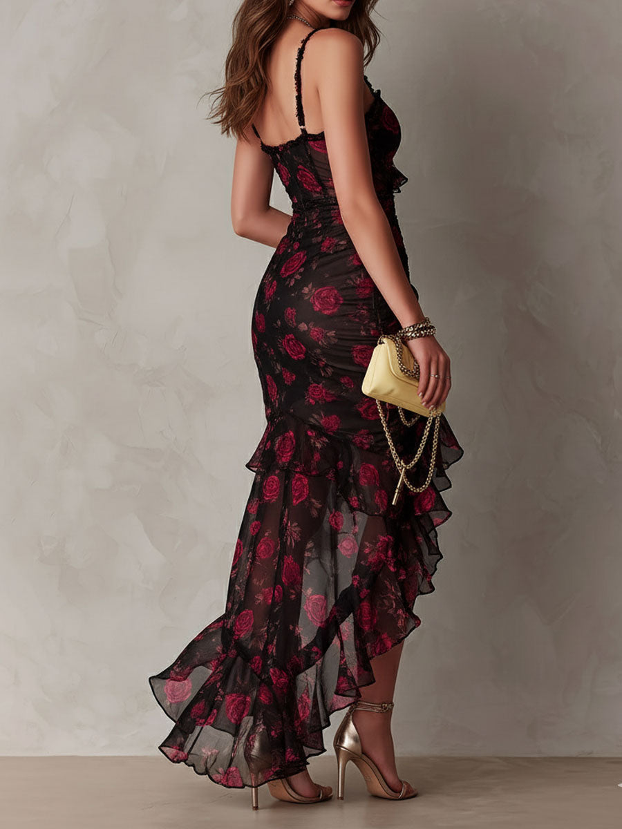 Chic Black and Red Floral Dress with Ruffles and Tiered Hem