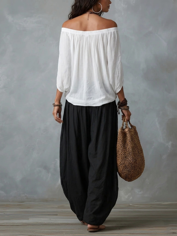 White Off-Shoulder Top and Wide-Leg Lantern Pants Set