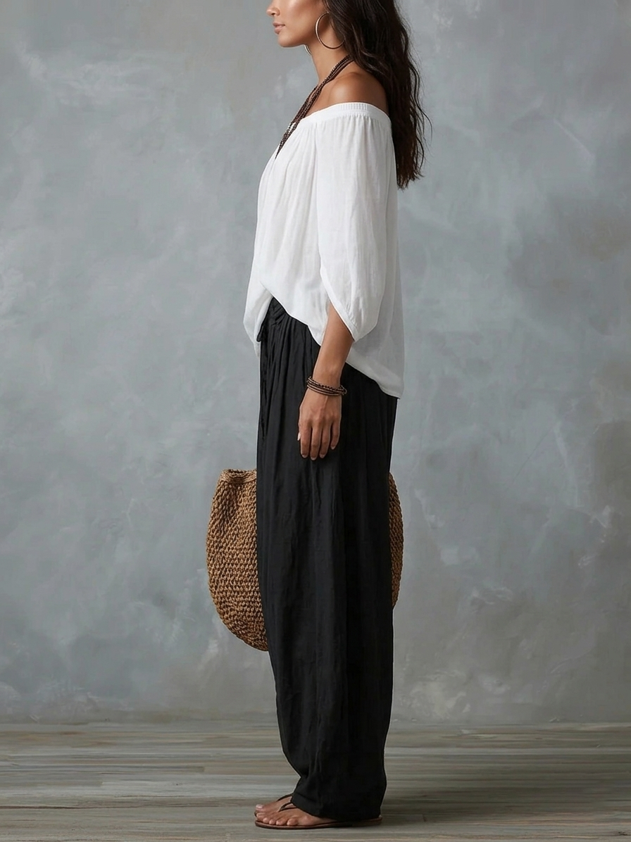 White Off-Shoulder Top and Wide-Leg Lantern Pants Set