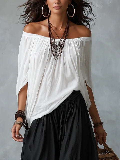 White Off-Shoulder Top and Wide-Leg Lantern Pants Set