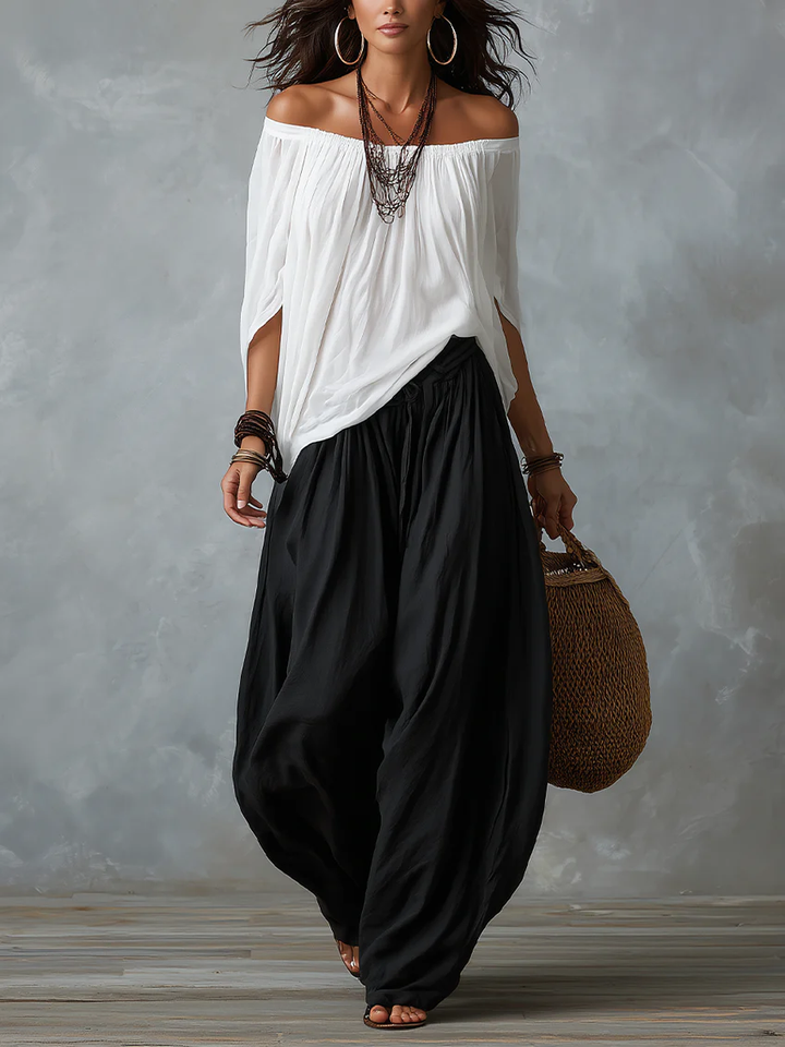 White Off-Shoulder Top and Wide-Leg Lantern Pants Set