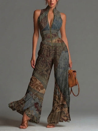 Bohemian Ethnic Print Sleeveless Zipper Pleated Wide-leg Chiffon Jumpsuit