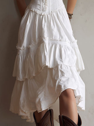Retro Boho Corset Tiered Midi Dress With Lace-Trim