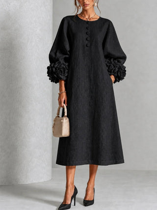 IVY | Floral Midi Dress with Rose-Cuff Sleeves