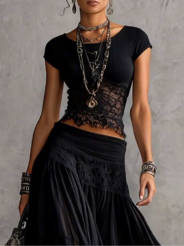 Black Lace Transparent Top and Pleated Maxi Skirt