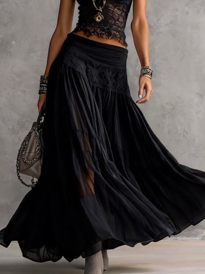 Black Lace Transparent Top and Pleated Maxi Skirt