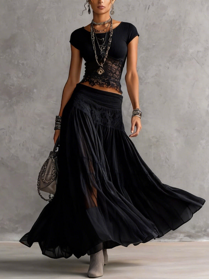 Black Lace Transparent Top and Pleated Maxi Skirt