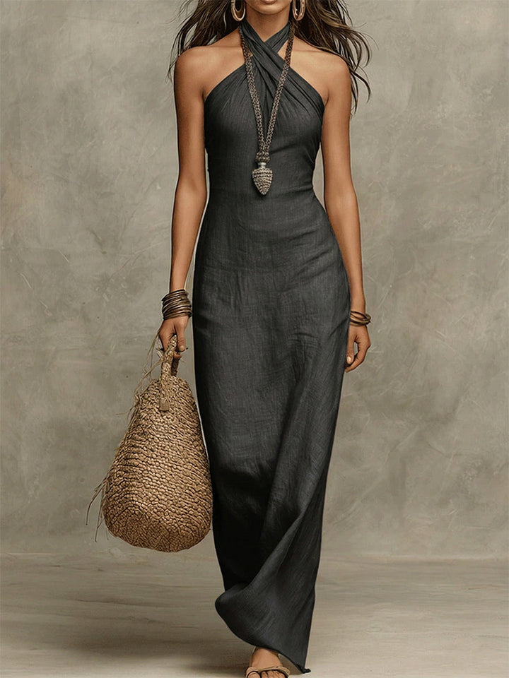 Avelina – Long Voluminous Dress in Cotton and Linen, American Collar
